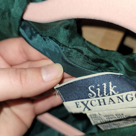 Silk Exchange Womens L Green Floral Silk Zip Jacket VTG Lightweight Windbreaker - Picture 7 of 7